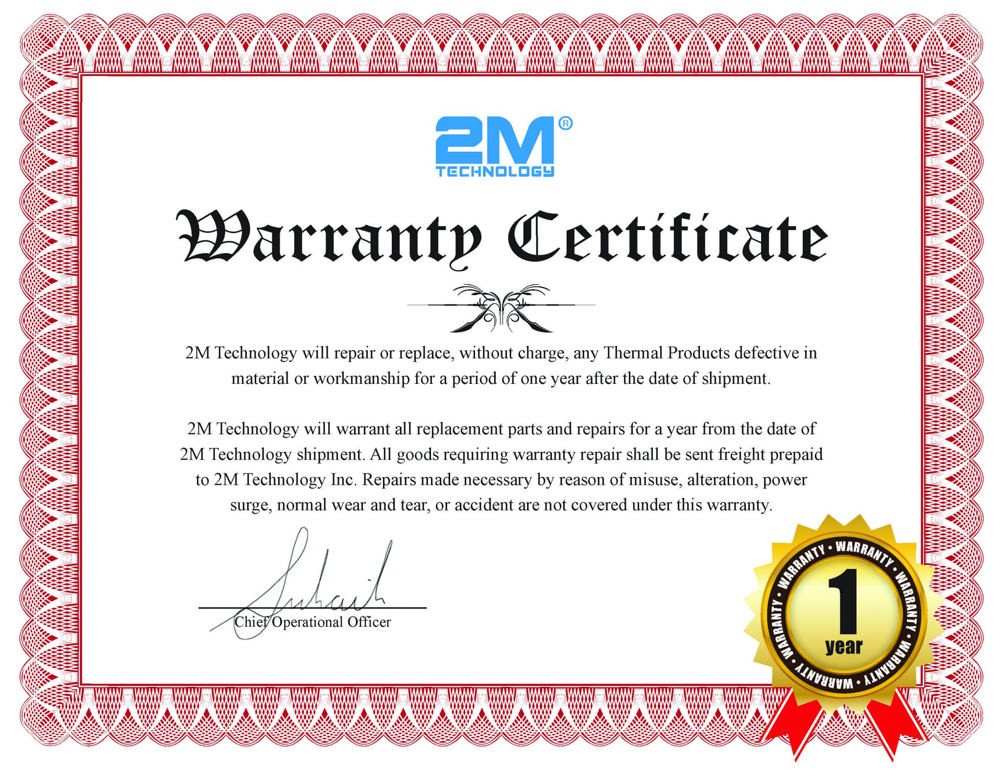Warranty Certificates Custom Security Solutions 2M TECHNOLOGY INC