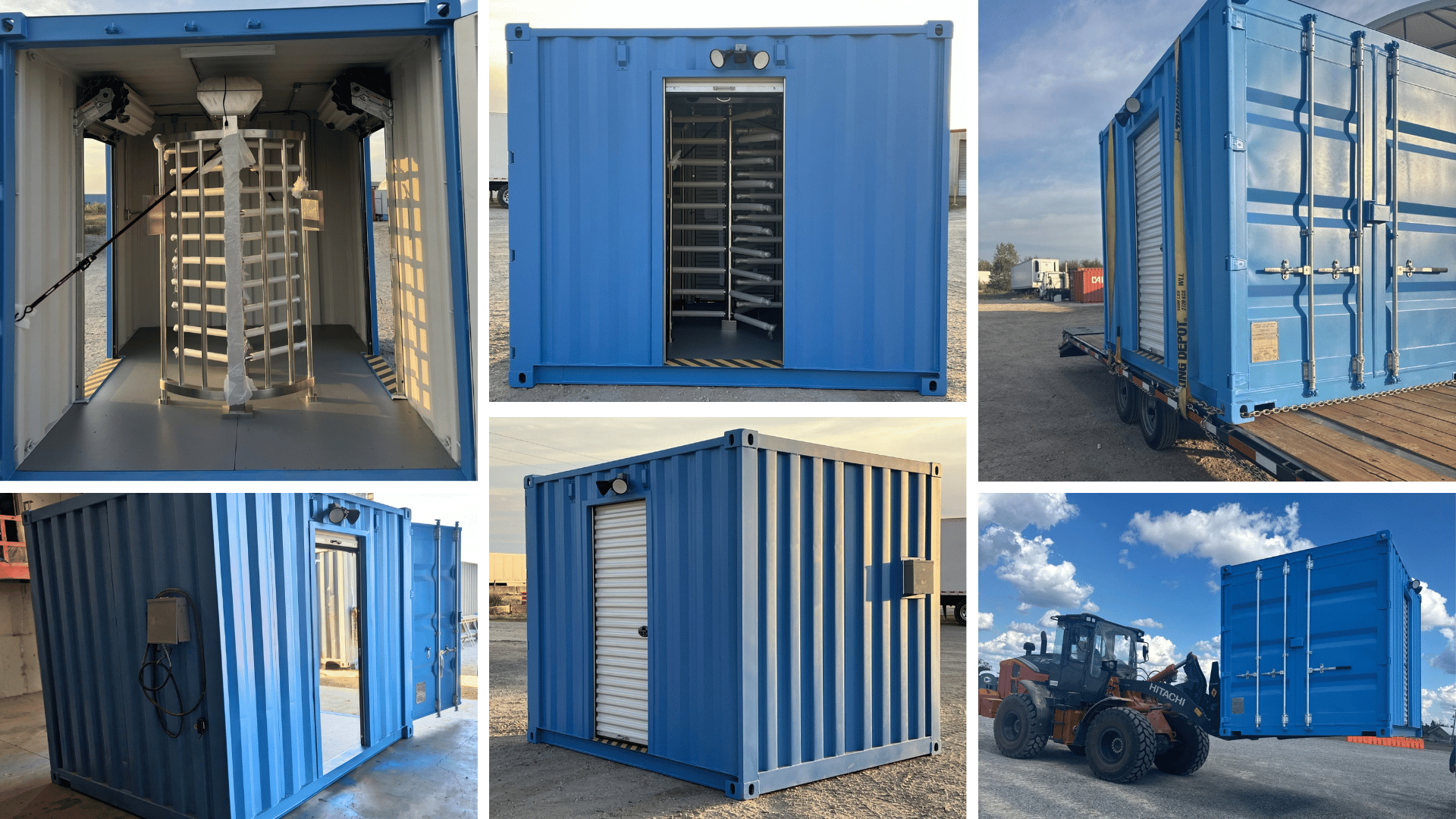 Photo collage of a custom 10-ft container turnstile checkpoint from 2M Technology during fabrication, delivery, and deployment at Louisiana energy site
