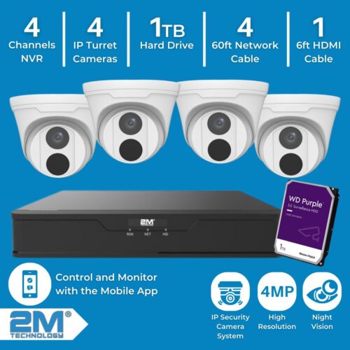 2MIPKIT-T04N041T-G 4ch IP Security Turret Camera System – 4MP High Quality – Night Vision