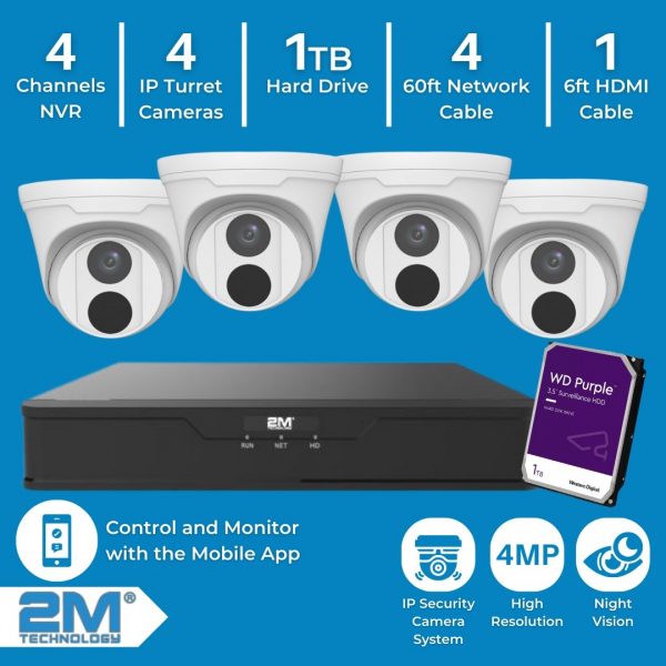 2MIPKIT-T04N041T-G 4ch IP Security Turret Camera System – 4MP High Quality – Night Vision