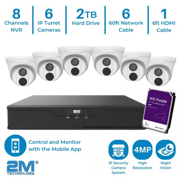 2MIPKIT-T06N082T-G 8ch IP Security Turret Camera System – 4MP High Quality – Night Vision