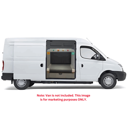 2M Technology 2MX-6550M mobile baggage and parcel x-ray scanner mounted inside vehicle with disclaimer