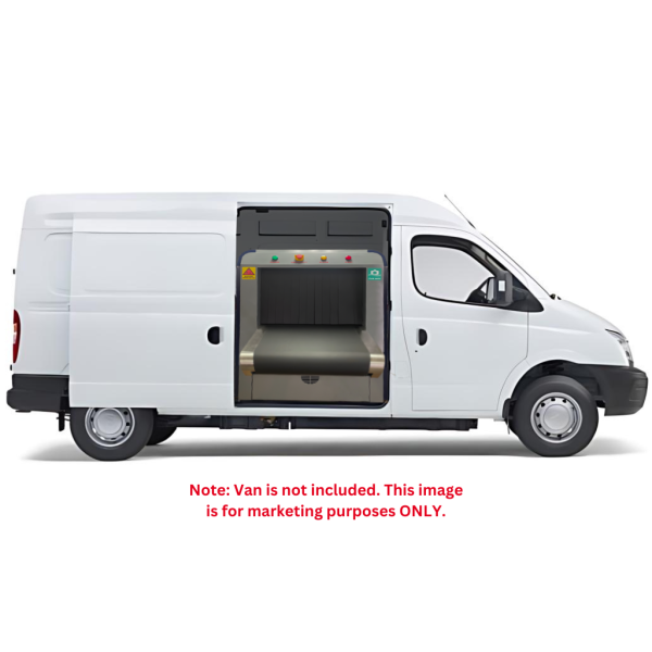 2M Technology 2MX-6550M mobile baggage and parcel x-ray scanner mounted inside vehicle with disclaimer