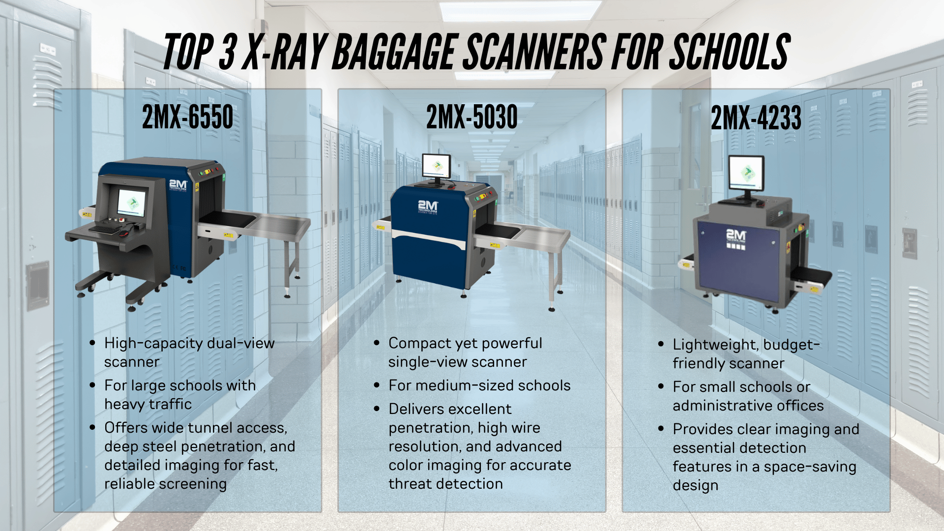 Comparison chart of 2M Technology's top 3 X-ray baggage scanners for schools