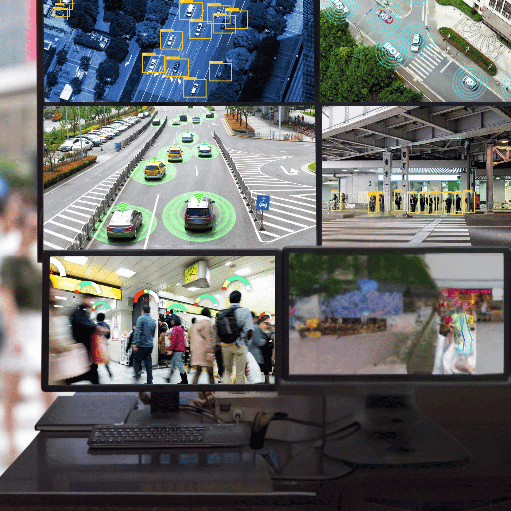 Security footage with video analytics on CCTV monitors