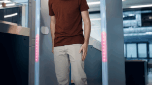 walk-through metal detector with lit-up LED indicators on metal detection zones