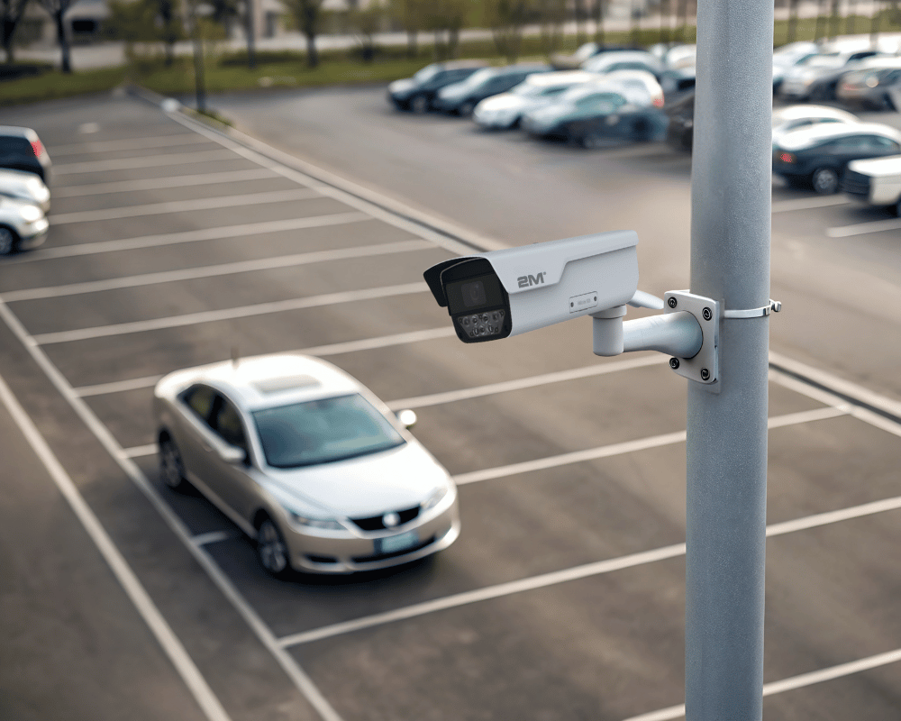2M Technology bullet camera mounted on a pole and overlooking cars in a parking lot