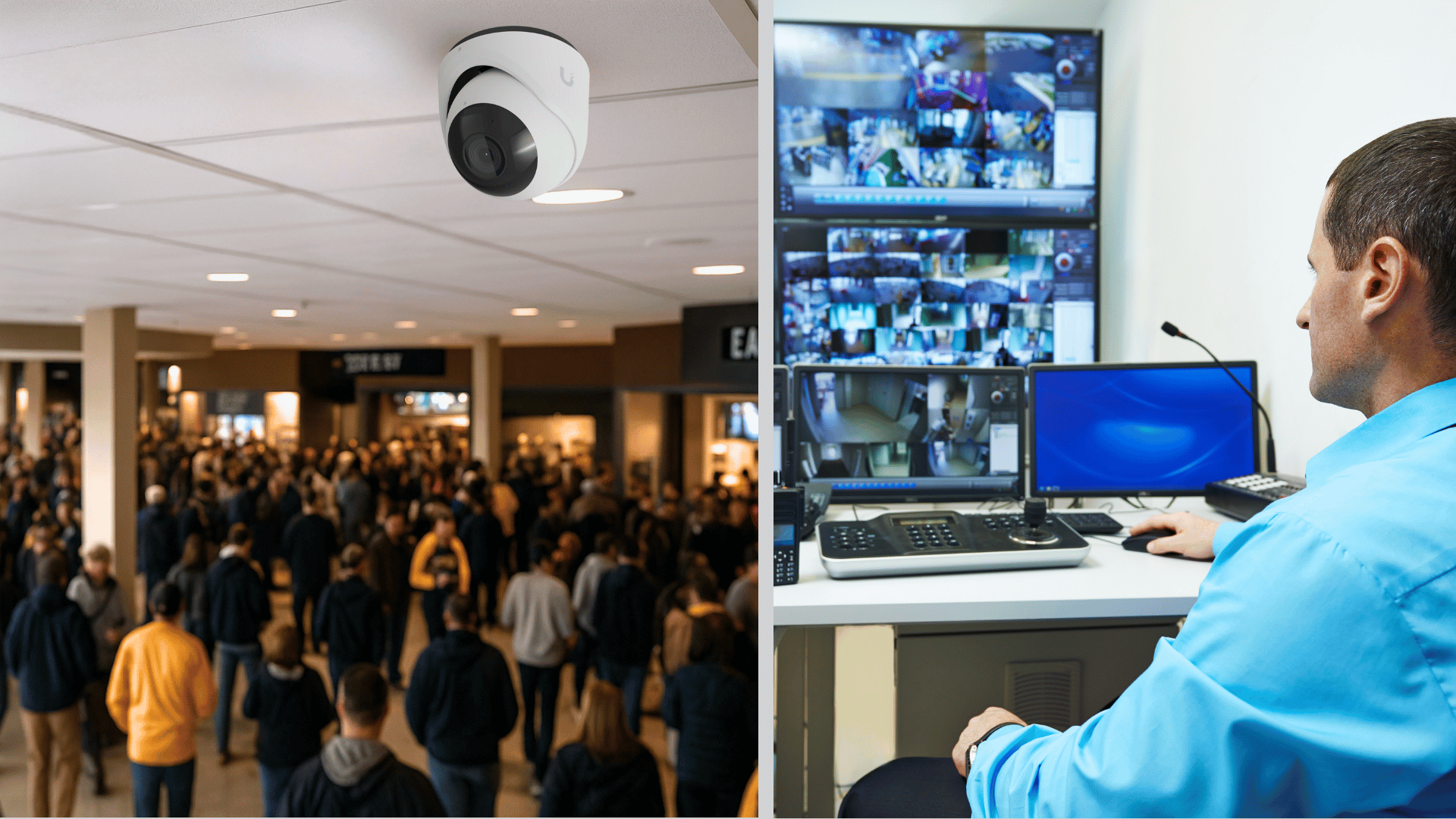 Stadium staff monitoring camera feeds from Ubiquiti UniFi installations for events