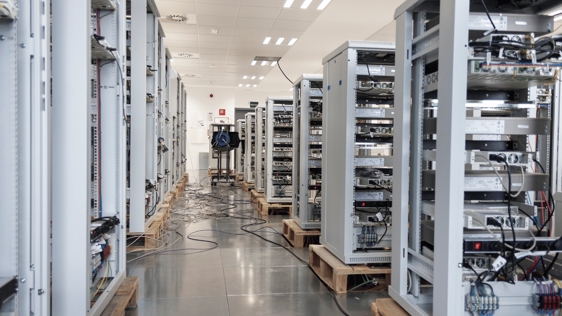 Server room lined with racks of server hardware inside a data center
