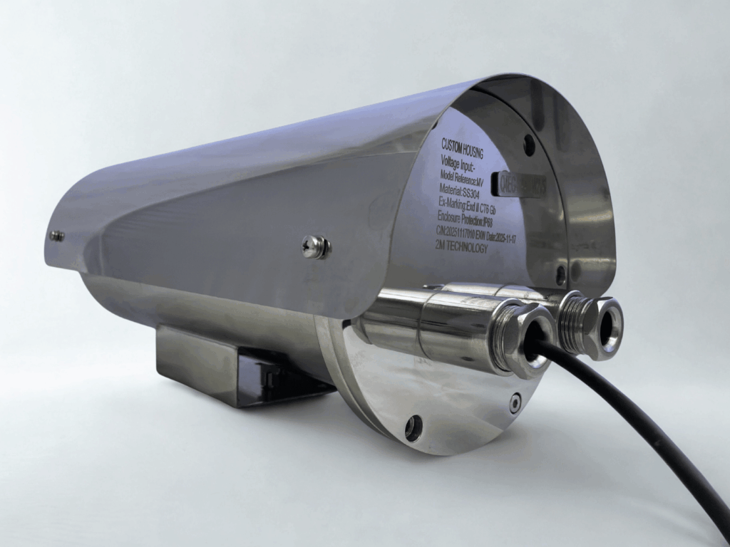 Technical specifications engraved on the backside of a custom explosion-proof Cisco Meraki camera housing from 2M Technology