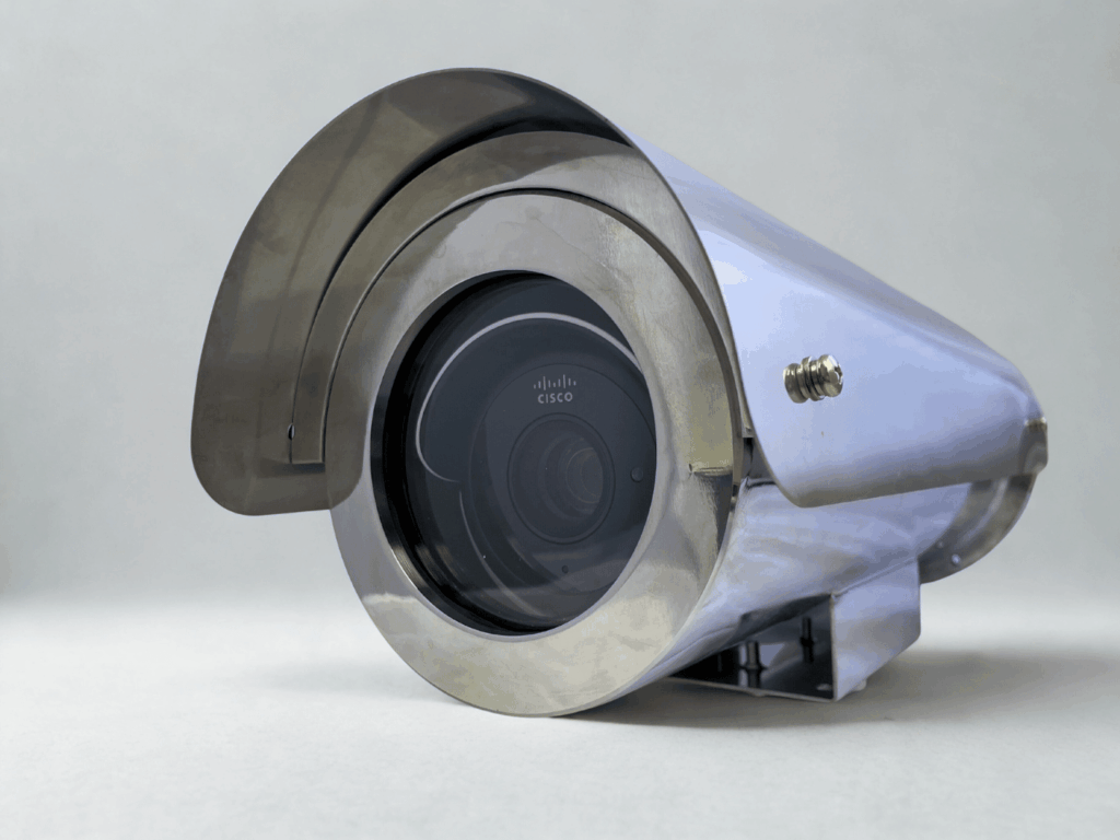 Closeup view of an explosion-proof housing custom-made by 2M Technology for Cisco Meraki MV53X telephoto bullet camera