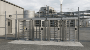 row of full-height turnstiles for industrial facilities at entrance outside a building