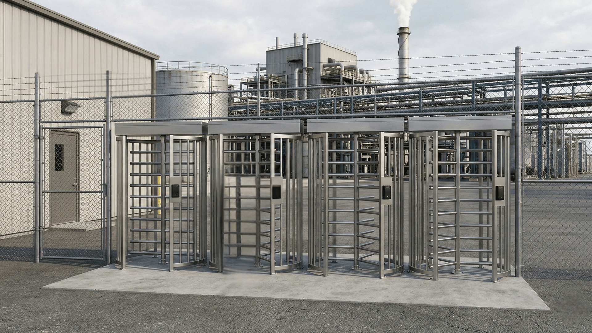 row of full-height turnstiles for industrial facilities at entrance outside a building