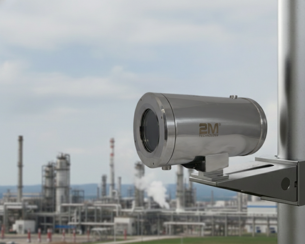 2M Technology explosion-proof camera installed on a pole mount in front of an industrial site