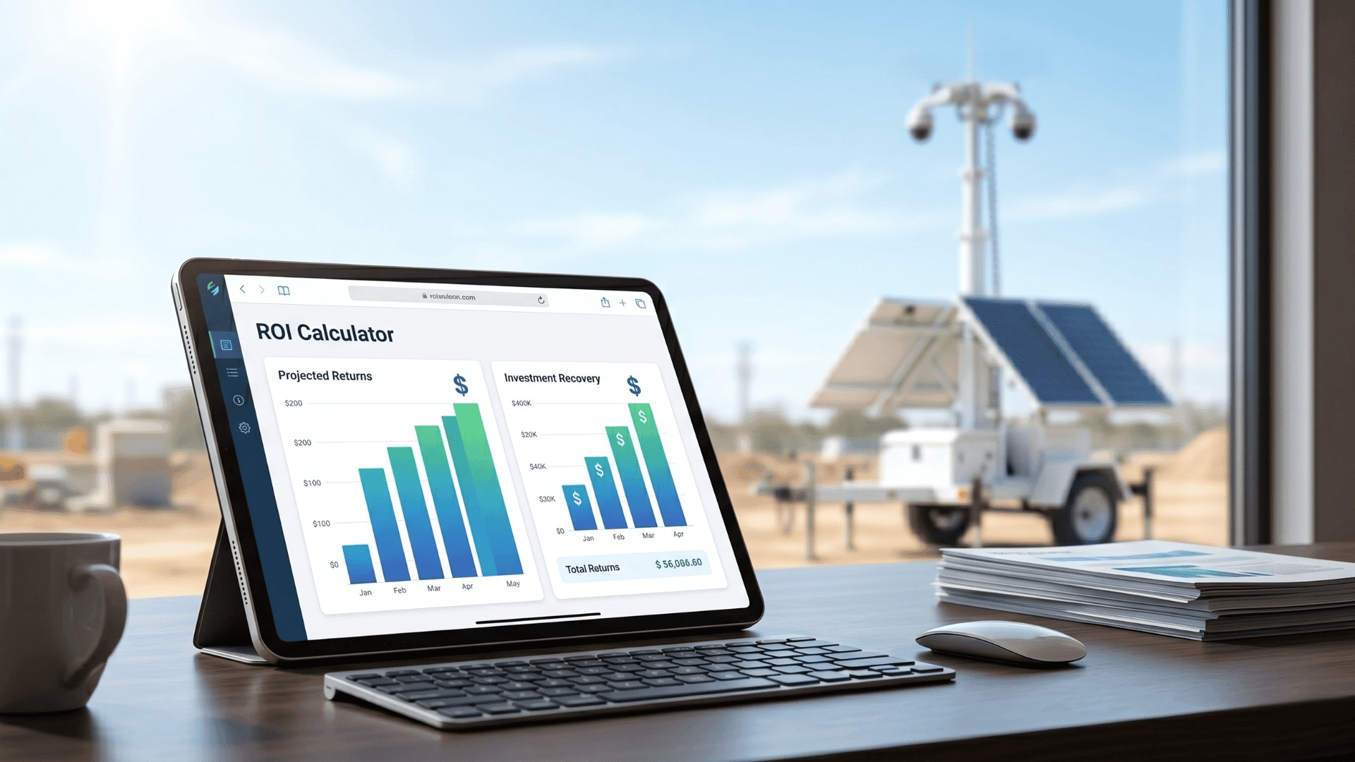 ROI calculator on laptop display with solar surveillance trailer in the background