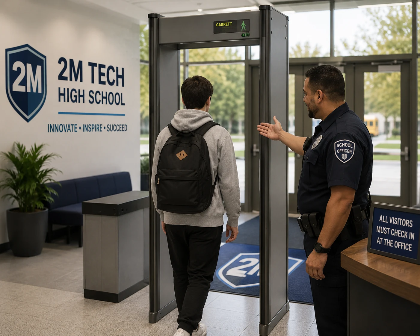 2M Technology school metal detector screening installation at Texas high school campus entrance
