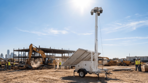 solar-powered surveillance trailers in construction site