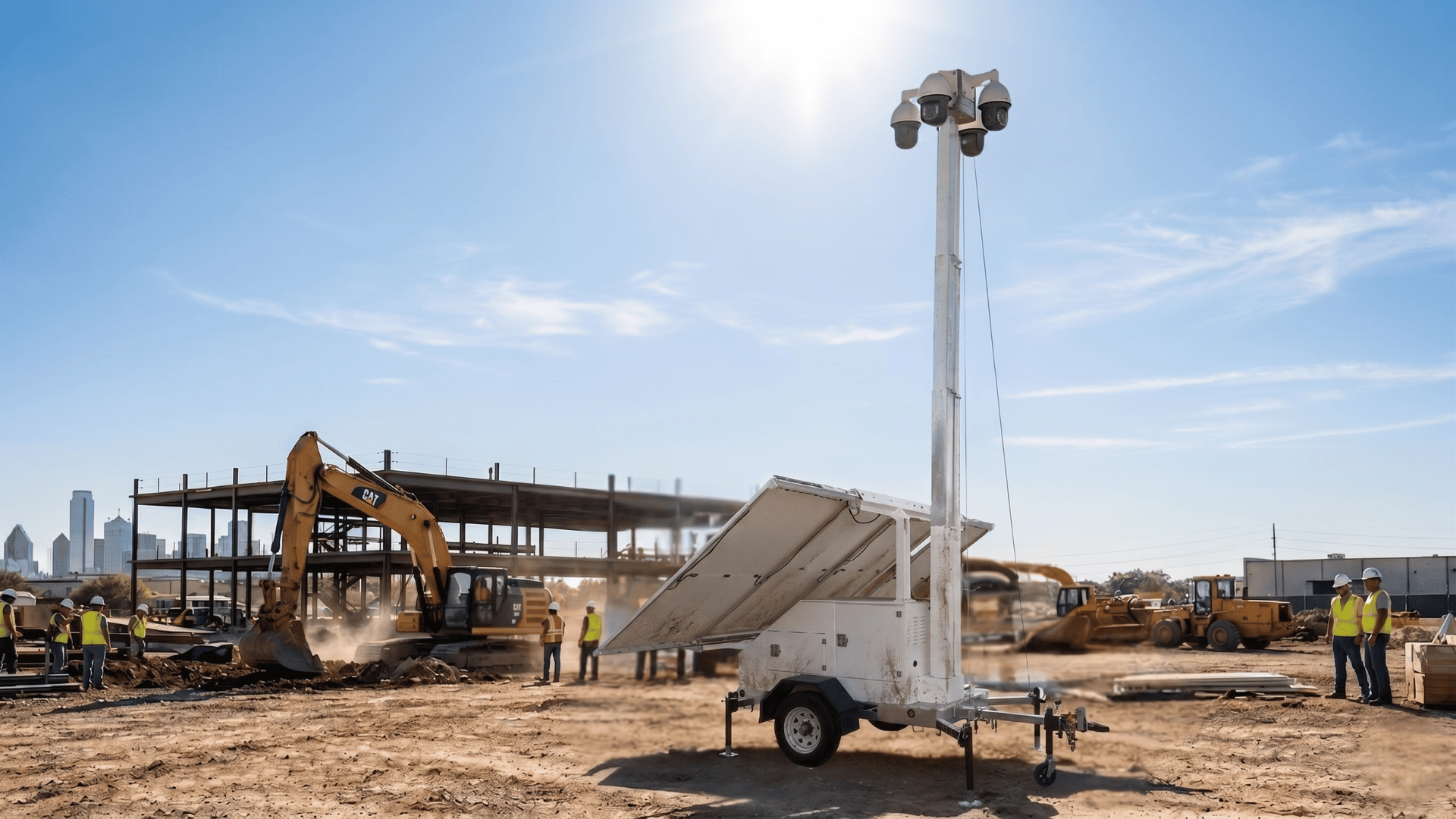 solar-powered surveillance trailers in construction site