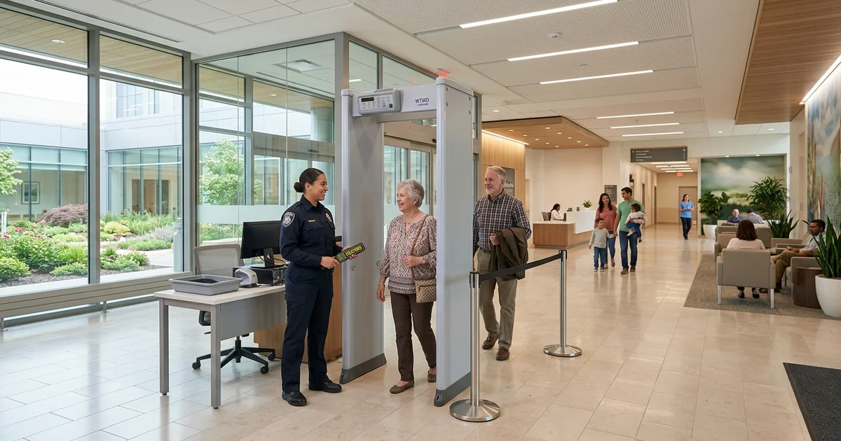 healthcare facility security screening -- Healthcare facility security screening - hospital entry checkpoint with WTMD