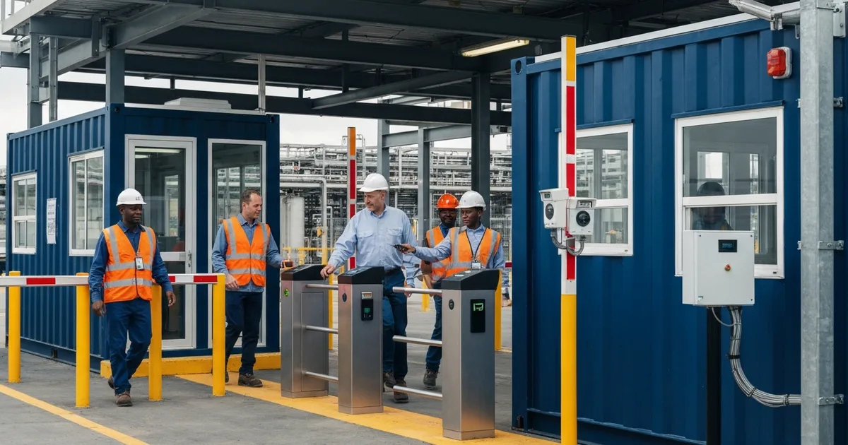 Industrial facility workforce access control checkpoint with workers in safety vests using RFID badge readers at turnstile gates entering refinery facility