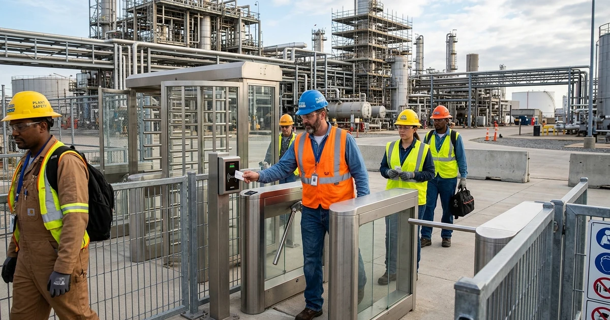 Photorealistic photo of oil refinery workers in PPE using RFID badges at security turnstile gates at industrial plant entrance