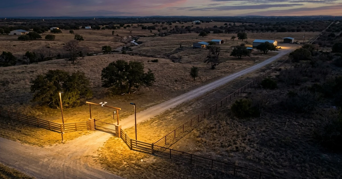 Photorealistic aerial photograph of rural ranch property showing unmonitored dark fence line contrasted with lit monitored front gate