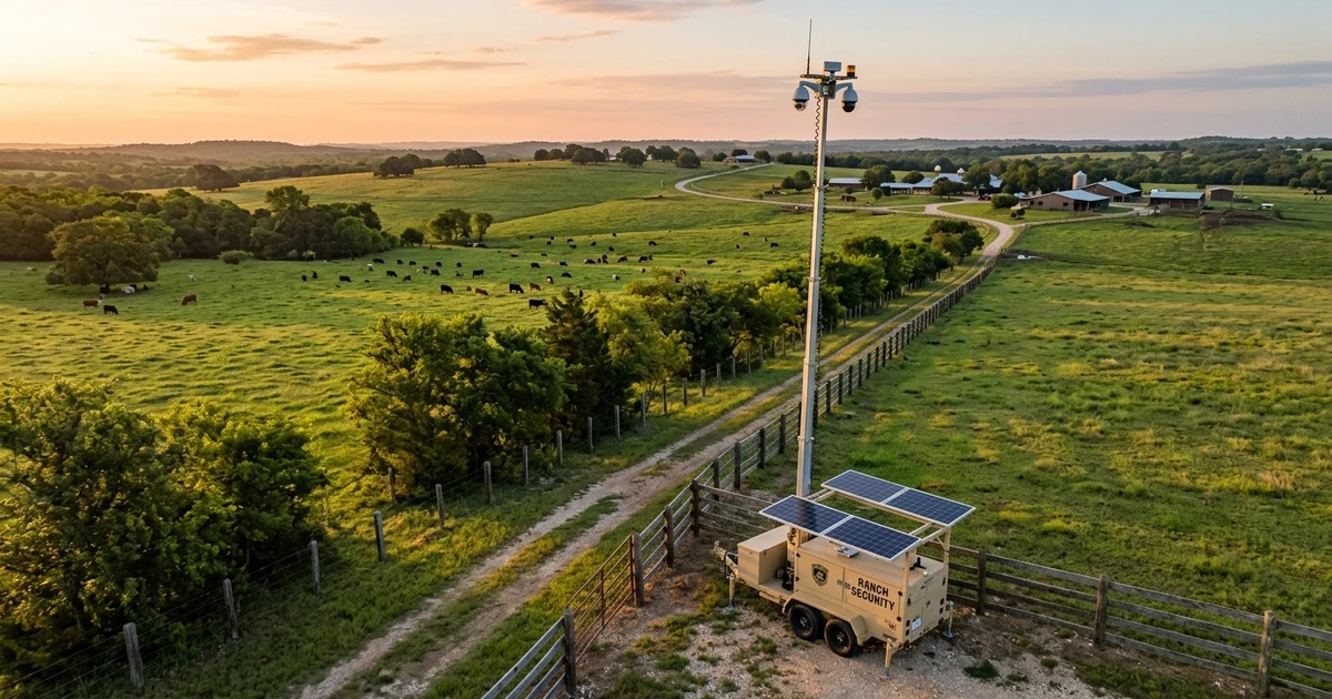 Photorealistic aerial drone photograph of rural estate perimeter security with solar surveillance trailer along fence line at sunrise