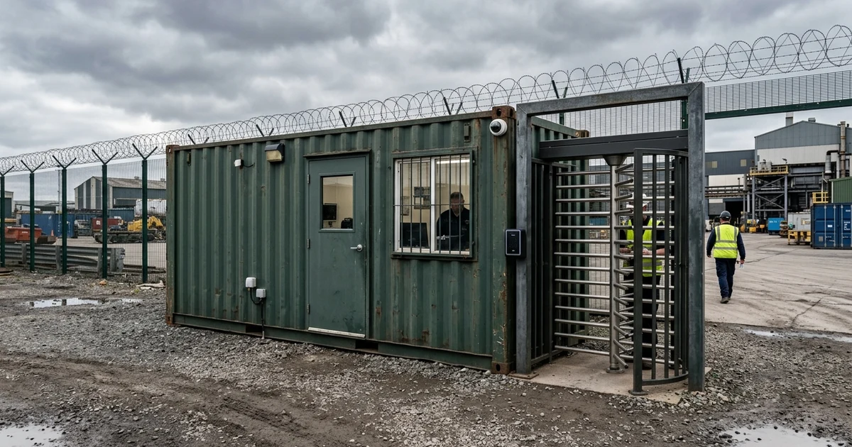 Photorealistic photograph of CONEX shipping container security checkpoint with full-height turnstile gate and worker in safety vest at industrial site