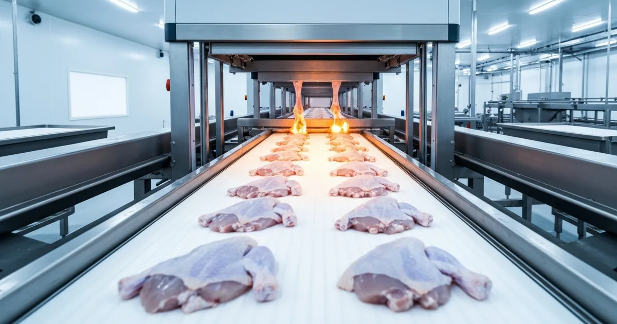 poultry meat X-ray inspection -- Poultry and meat X-ray inspection system scanning chicken on processing conveyor