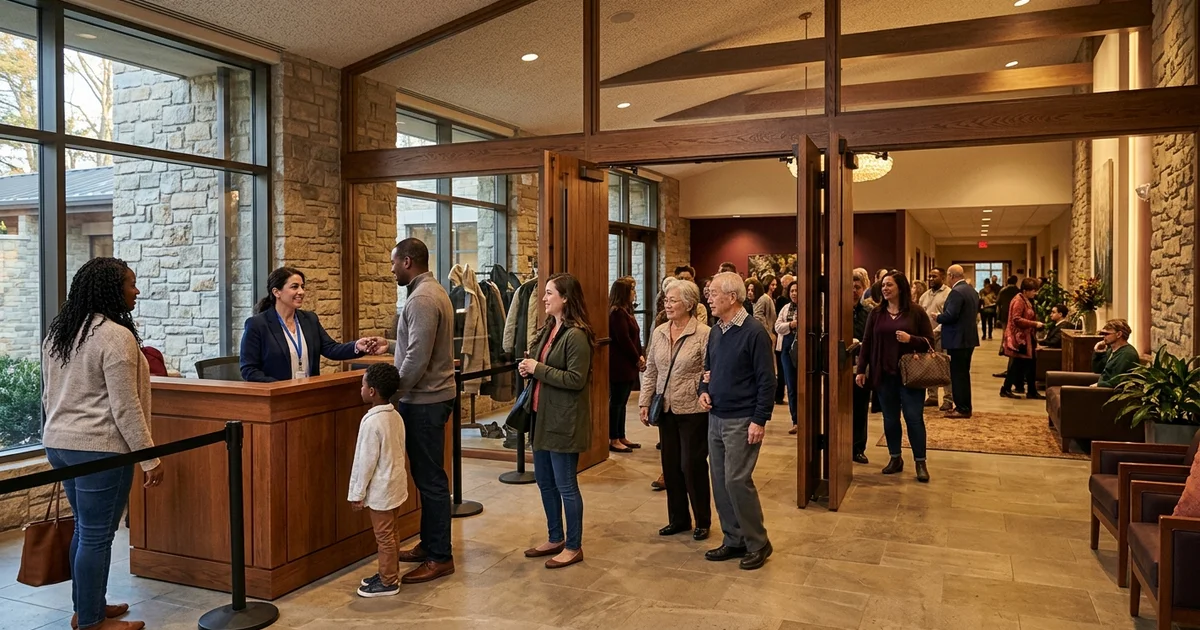 religious facility security screening -- Religious facility security screening - welcoming checkpoint at house of worship