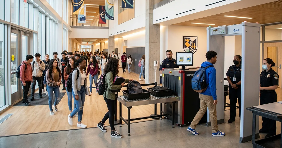 school security screening architecture -- School security screening architecture - students entering through X-ray checkpo