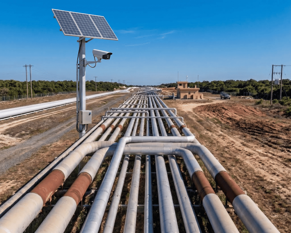 solar pole mounted security camera system monitoring rural pipeline