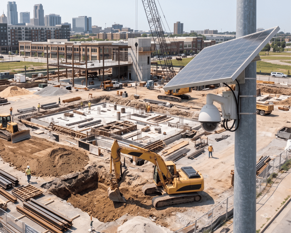 solar pole mounted ptz security camera overlooking construction site
