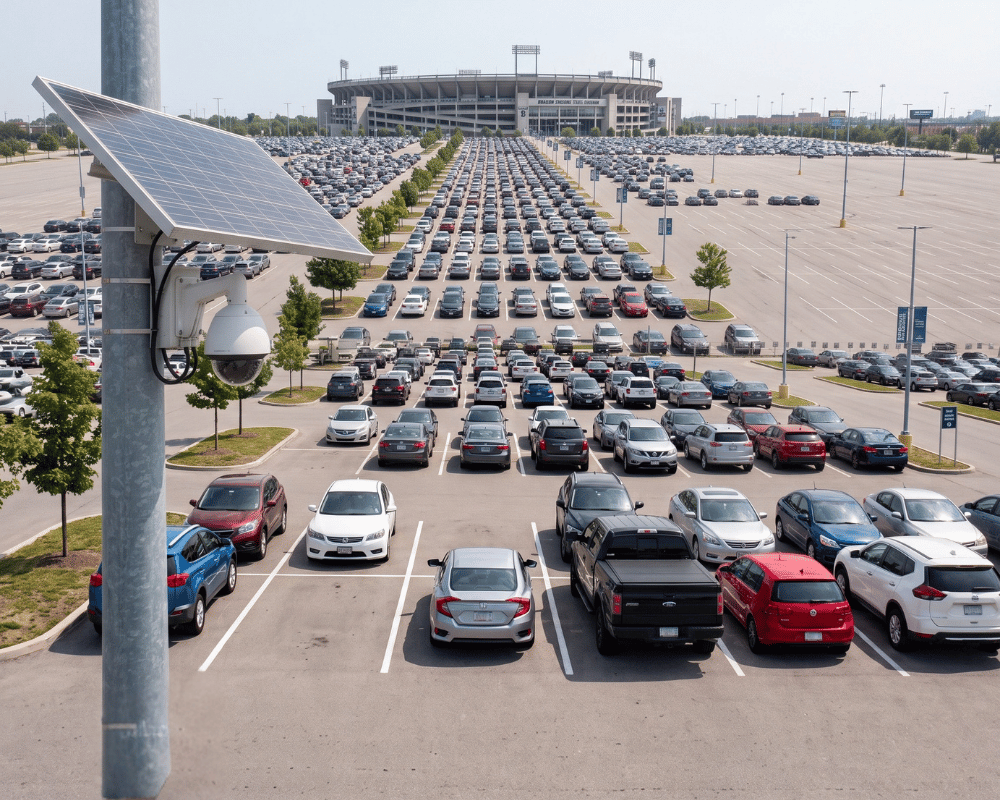 Solar pole mounted PTZ security camera system overlooking stadium parking lot