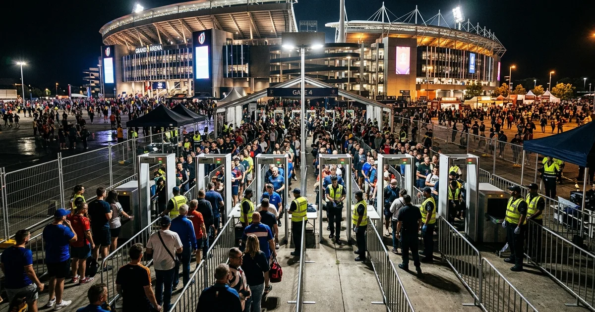 stadium event security screening -- Stadium event security screening - multi-gate checkpoint with crowd