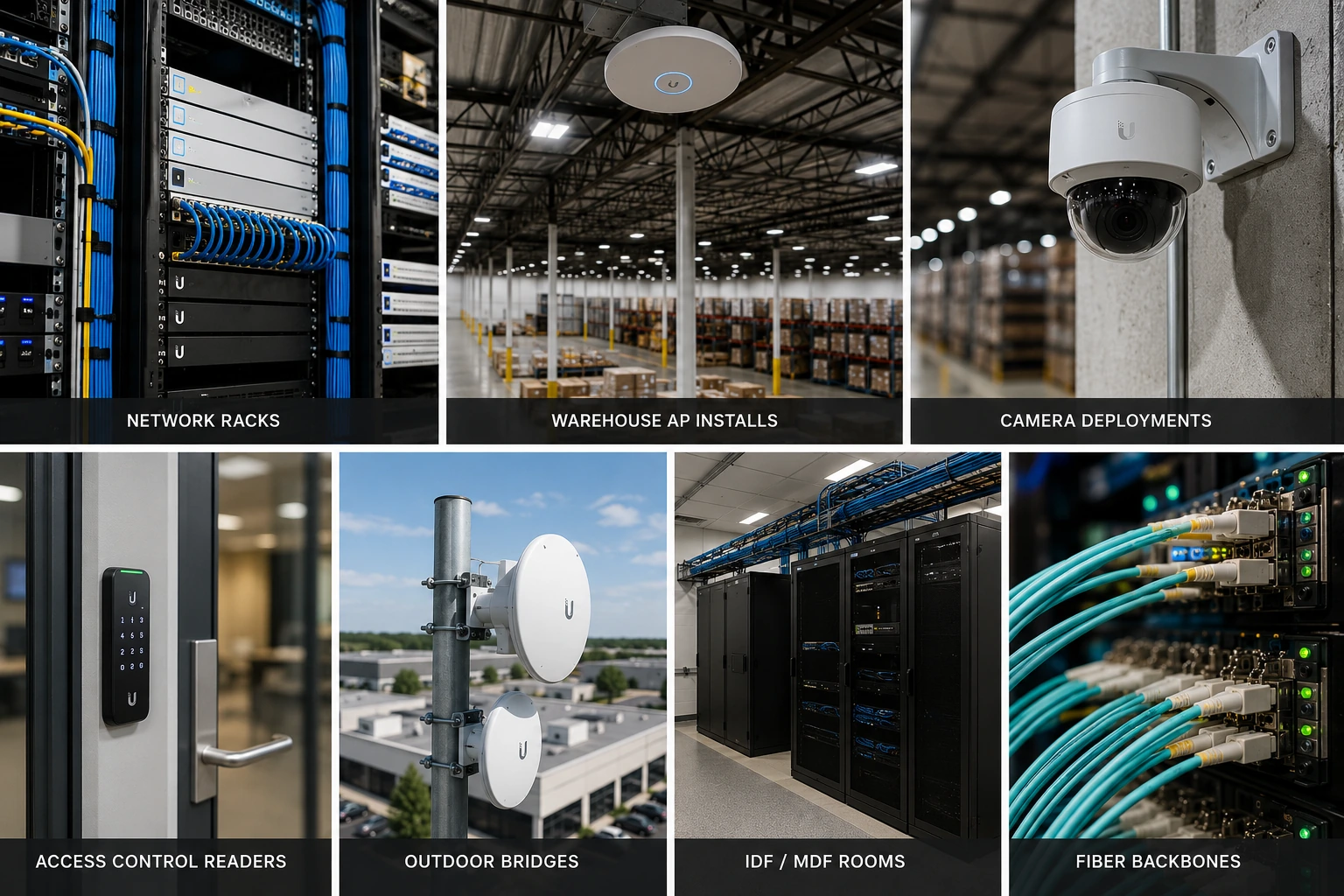 Ubiquiti UniFi commercial deployments - network racks, warehouse AP installs, cameras, access control, outdoor bridges, IDF rooms, fiber backbones