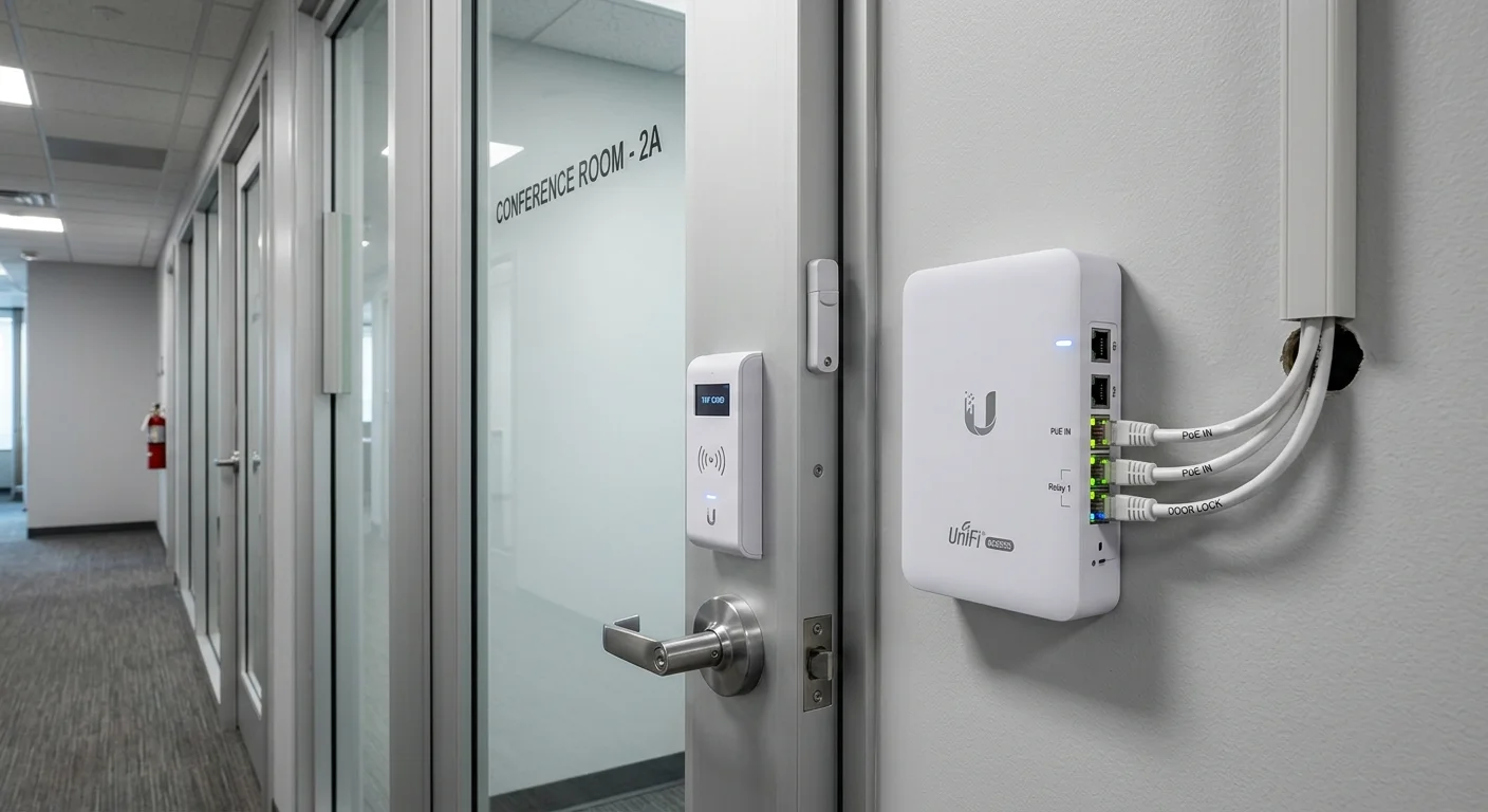 UniFi Access Hub commercial installation -- door controller with Ubiquiti U logo wall mounted Texas commercial office