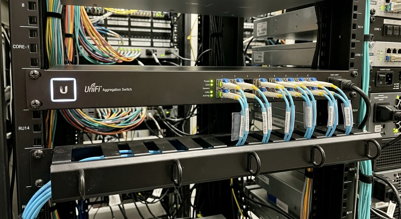 UniFi aggregation switch deployment -- SFP+ fiber core switch with Ubiquiti logo in enterprise MDF rack Texas