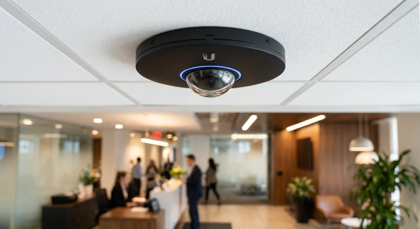 UniFi AI 360 commercial deployment -- flat disc fisheye camera with Ubiquiti U logo ceiling mounted Texas office lobby