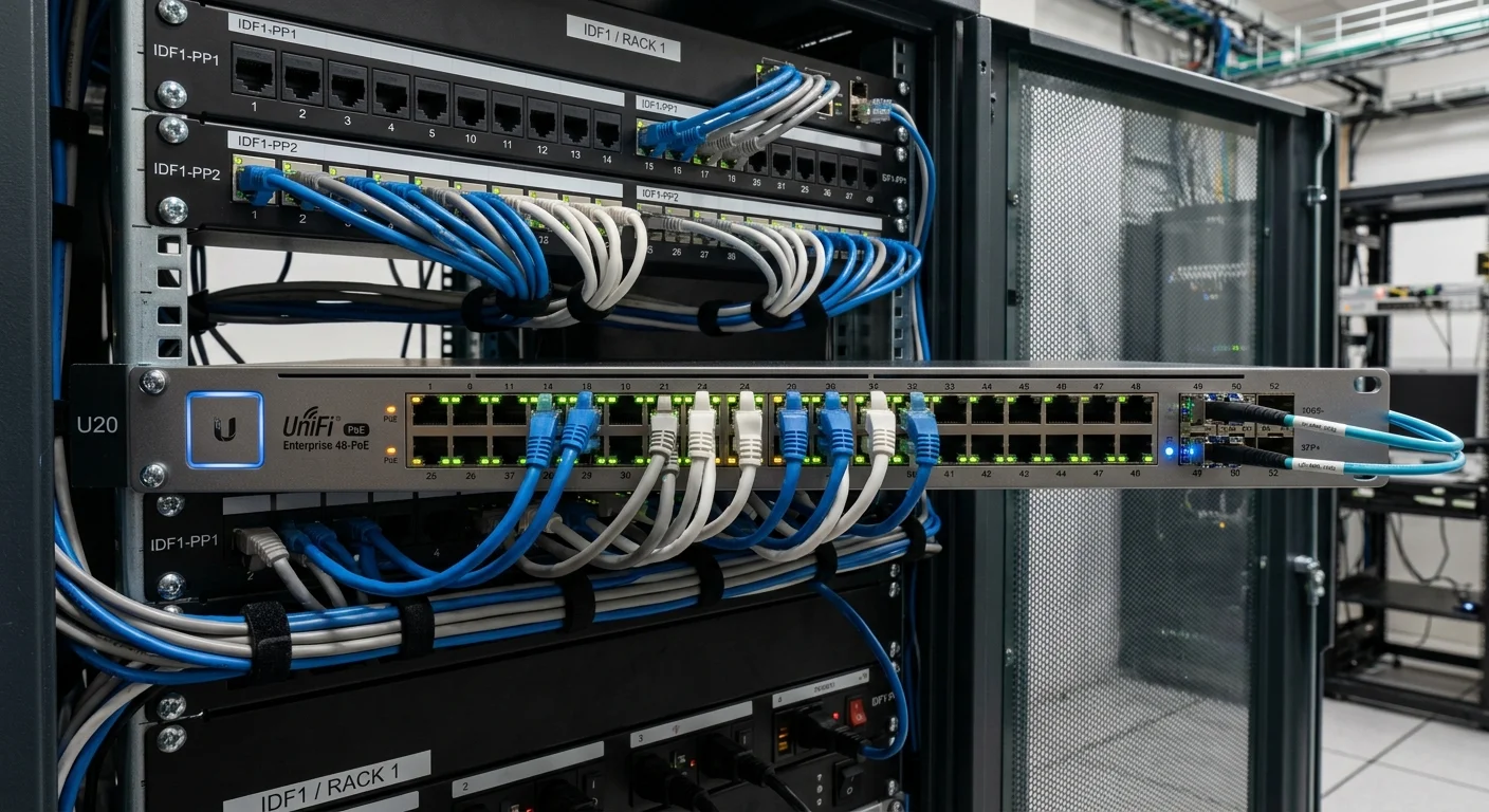 UniFi Enterprise switch deployment -- 48-port PoE managed switch with Ubiquiti branding in commercial IDF rack Texas