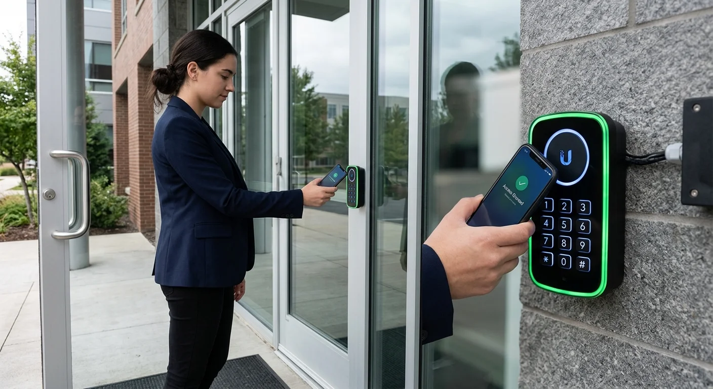 UniFi Access Reader commercial deployment -- G3 Reader Pro NFC reader with Ubiquiti logo at Texas commercial office door