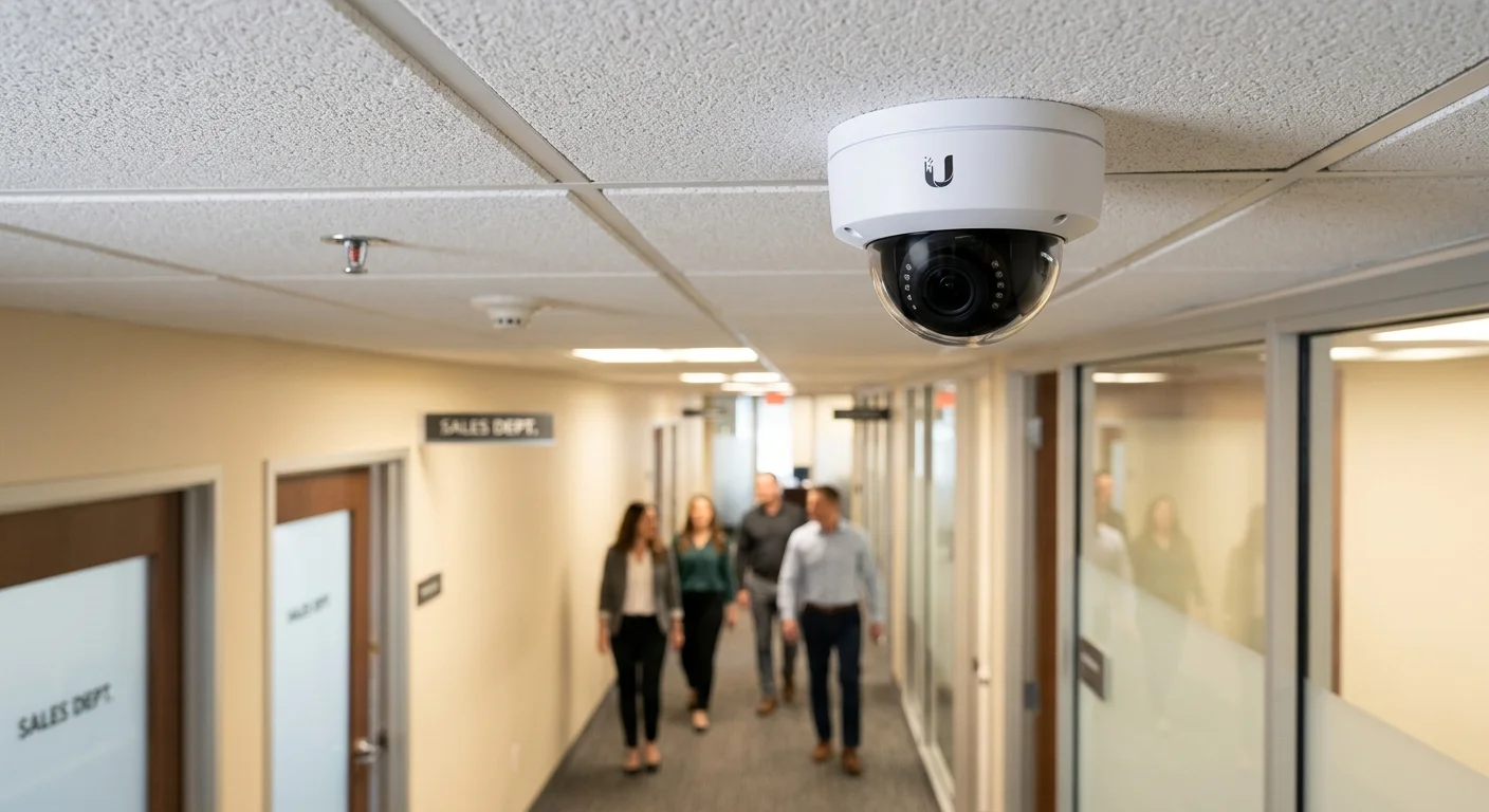 UniFi G5 Dome commercial deployment -- vandal-resistant dome camera with Ubiquiti logo ceiling mounted office corridor