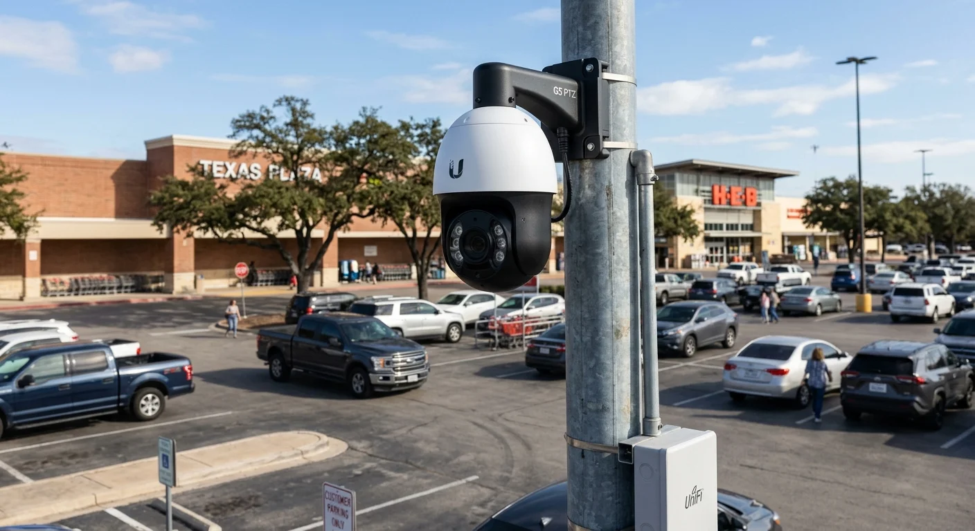UniFi PTZ commercial deployment -- G5 PTZ pan-tilt-zoom camera with Ubiquiti logo pole mounted Texas parking lot