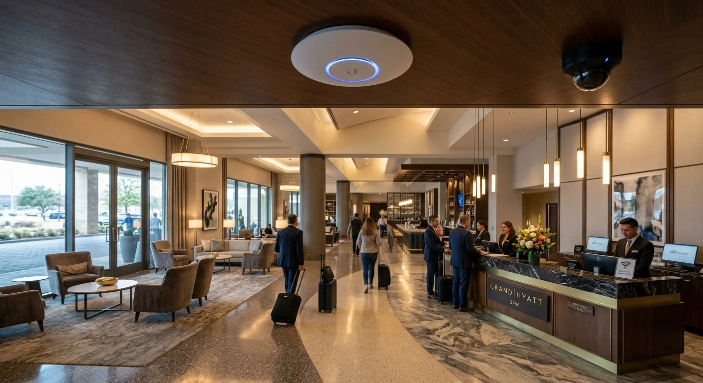 Ubiquiti UniFi installations Grapevine TX -- U7 Pro WiFi access point and dome camera in luxury hotel lobby DFW Airport corridor
