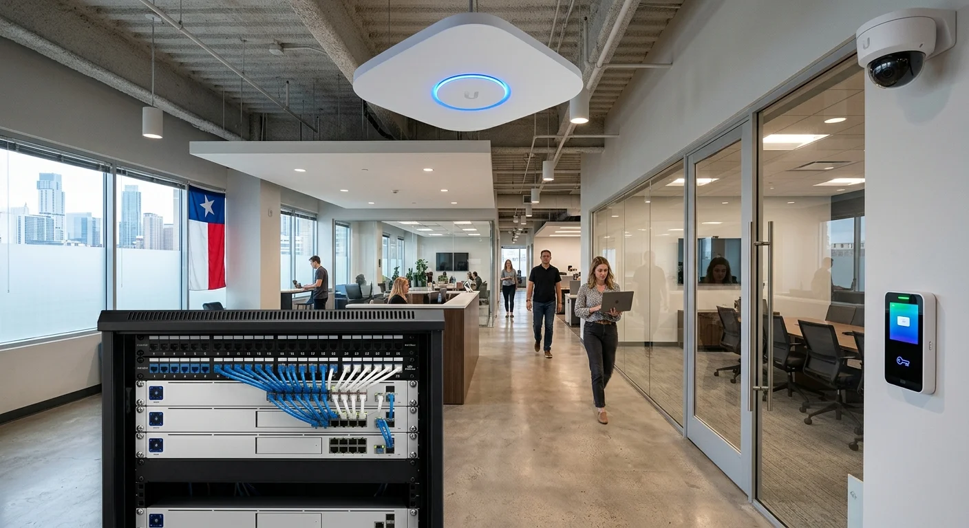 Ubiquiti UniFi complete enterprise ecosystem -- WiFi access point, camera, switch, and door reader Texas commercial deployment