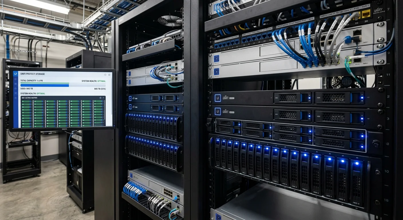 UniFi NVR storage sizing commercial -- Ubiquiti NVR units and hard drives in enterprise server rack Texas IDF room