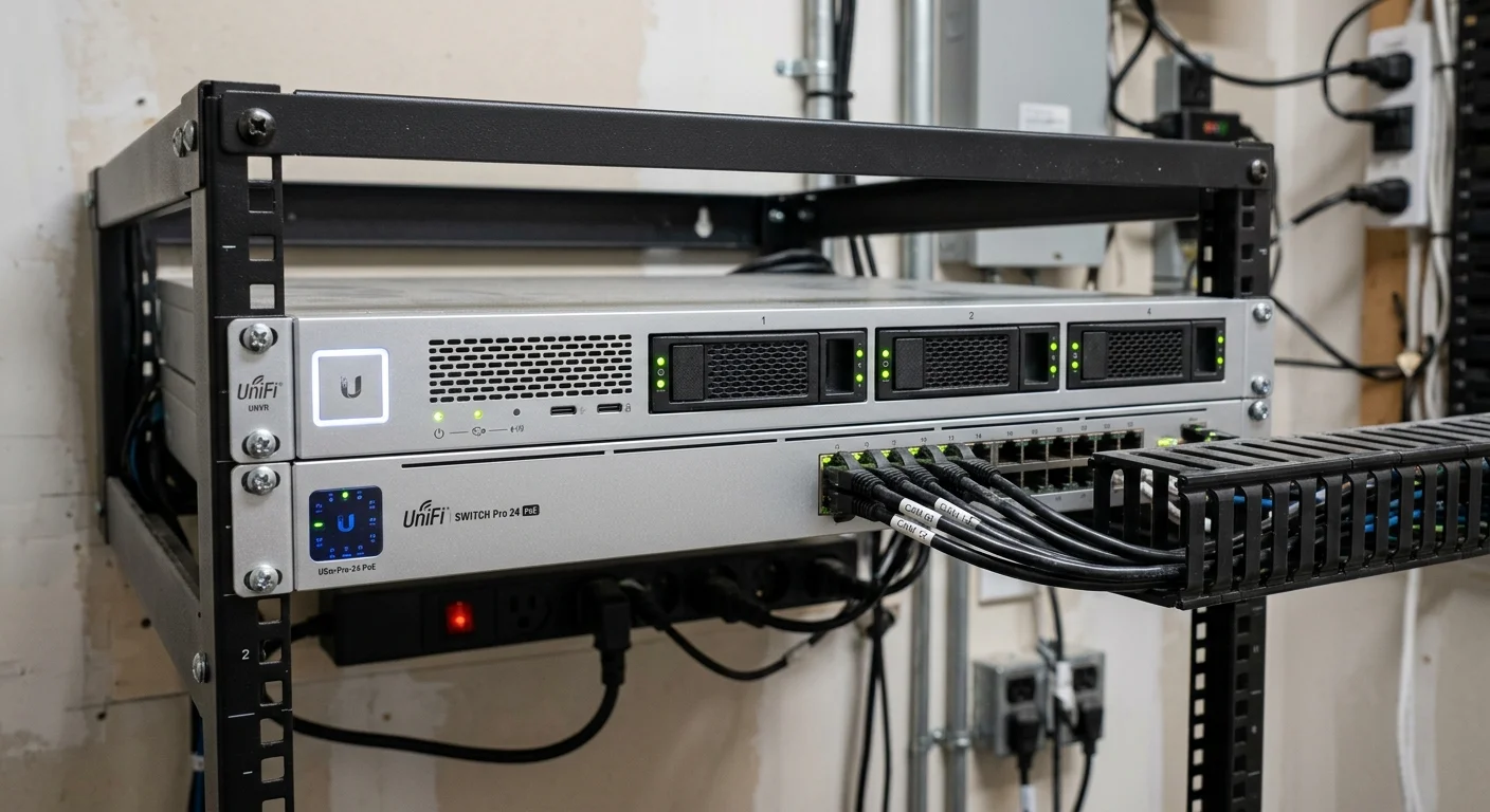 UniFi UNVR storage deployment -- 4-bay 1U NVR with Ubiquiti logo in IDF rack Texas commercial installation