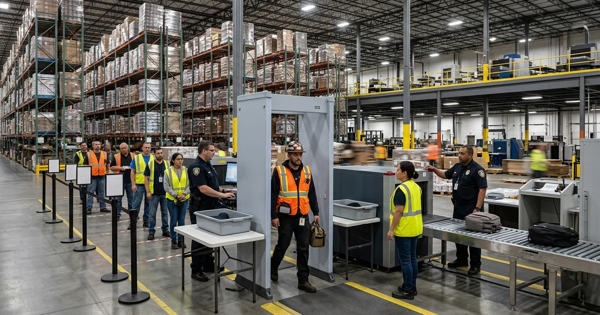 warehouse security screening -- Warehouse security screening - employee checkpoint at distribution center