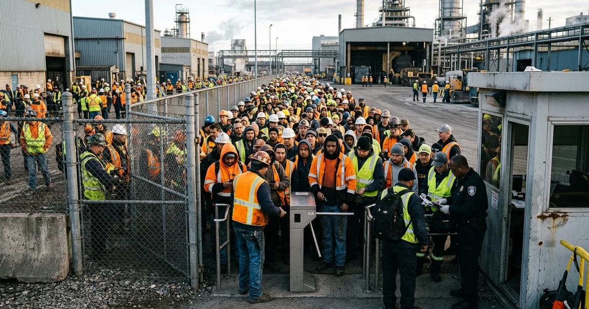 Photorealistic photo of industrial shift change with large crowd of safety-vested workers bottlenecked at narrow manual security checkpoint