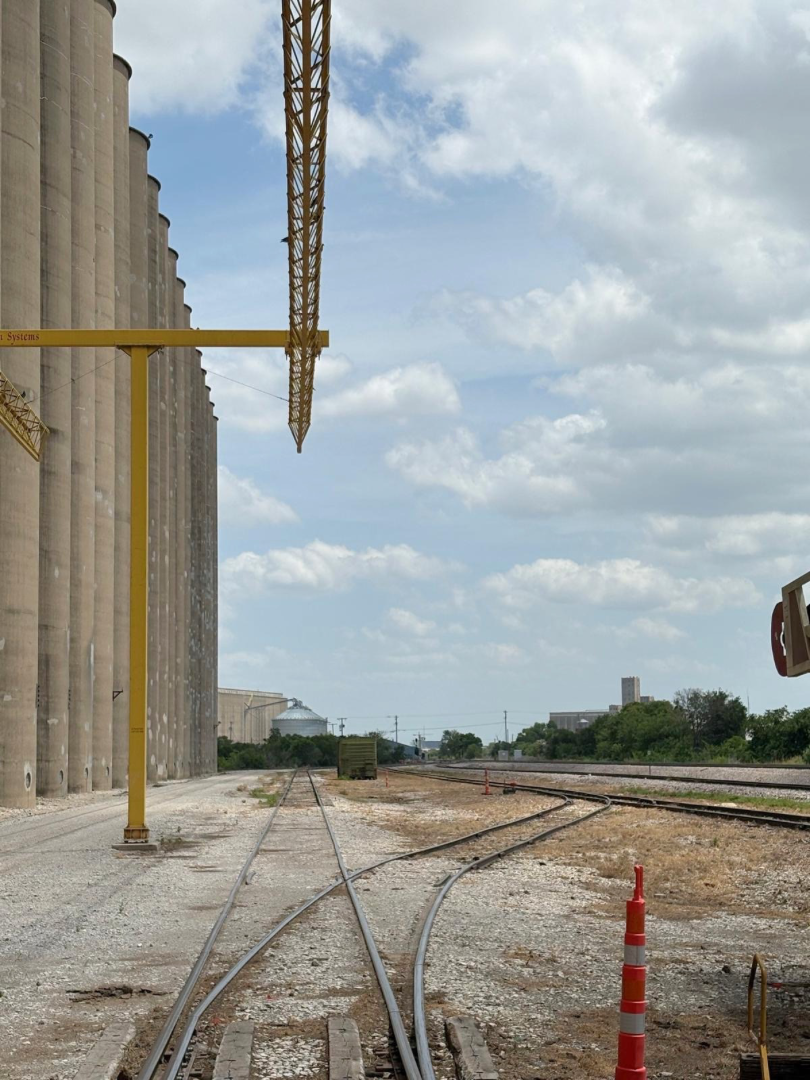 Rail tracks for loading train cars at grain silo